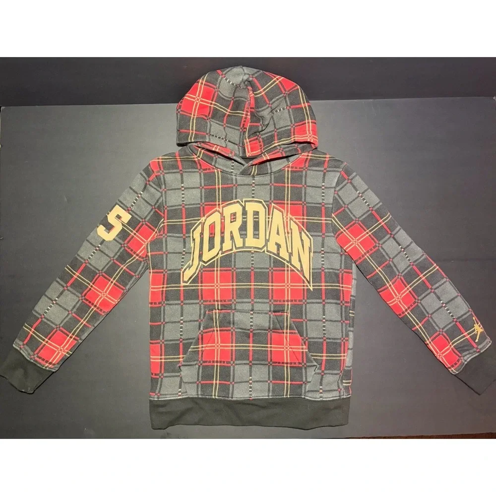 Air Jordan Hoodie Boys L (7) Large Red Essential Holiday Plaid‎ Sweatshirt